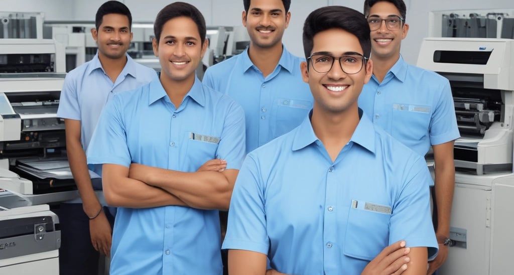 A technician carefully repairing a high-end office printer with precision tools.