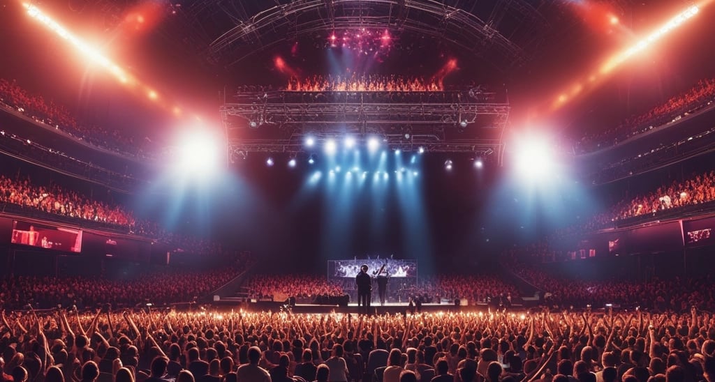 A vibrant crowd enjoying a sunset outdoor concert with colorful stage lights.