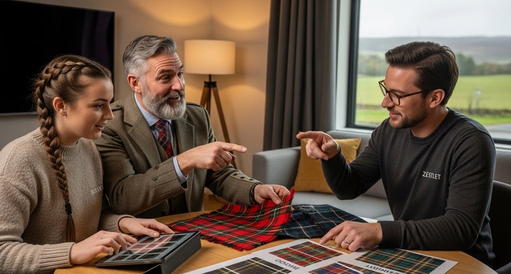 Scottish family or pipe band leader discussing tartan swatches and digital proofs with a ZESTLET designer