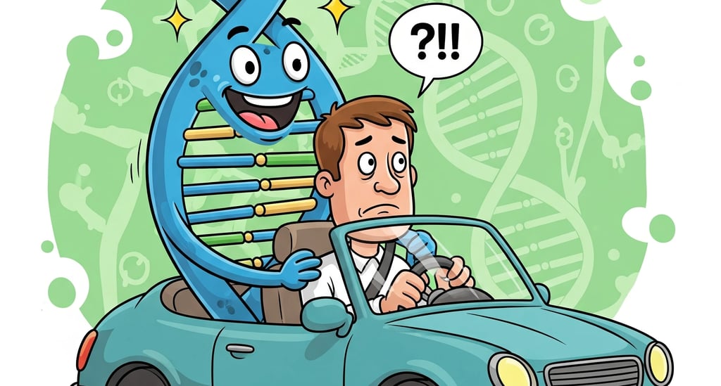 Illustration of a DNA double helix driving a car with human passengers, symbolizing genes as the 'Uber driver' of human life
