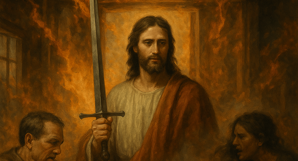 a painting of jesus holding a sword and sword