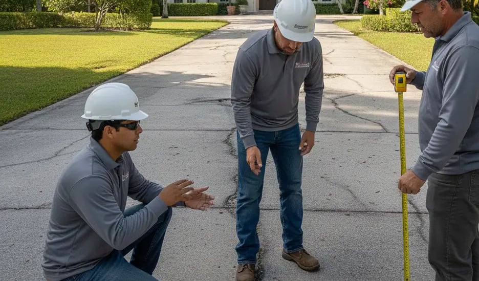 Concrete workers carefully assessing the concrete cracks for repair