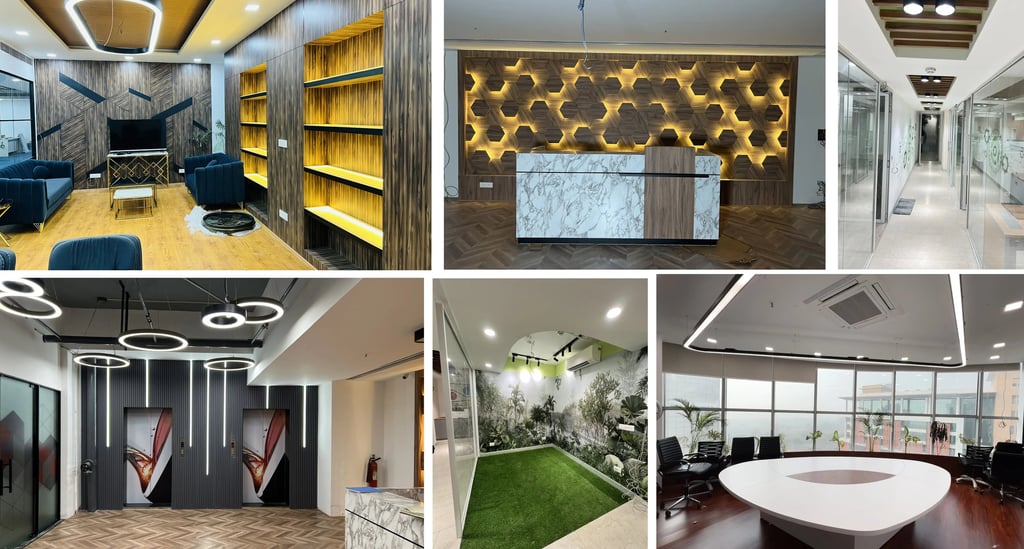 Modern corporate office interior design showcasing luxury meeting rooms, lobby reception, and creative workspaces.