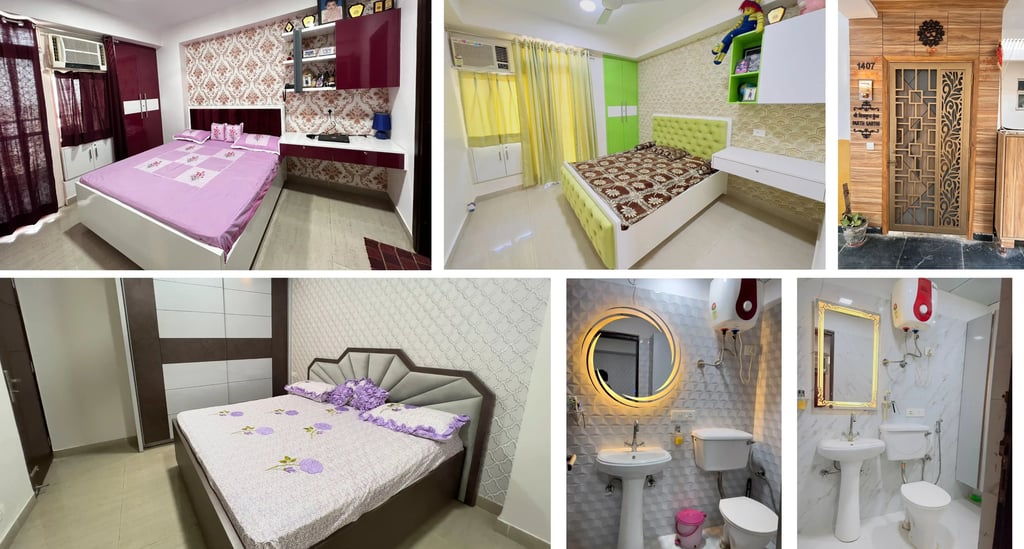 Modern Indian apartment interior design featuring elegant bedrooms with stylish furniture and contemporary bathroom fixtures.