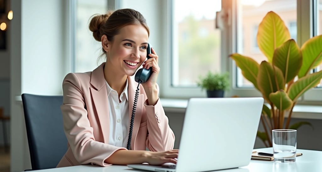 a woman in a pink jacket on a desk with laptop and she is talking on the phone
