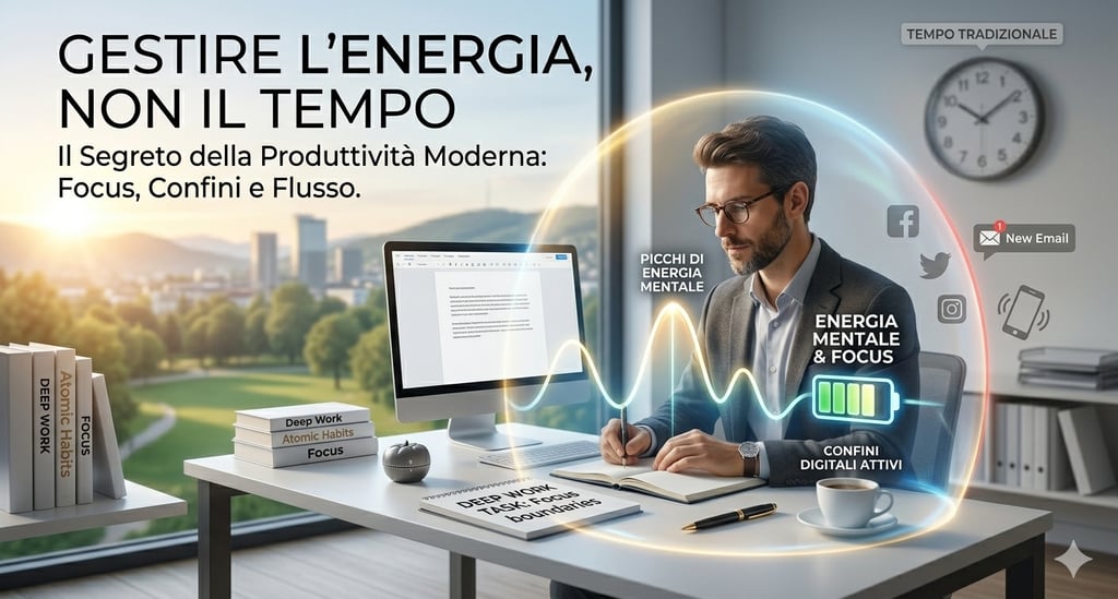 Professional working in a productive environment with focus on energy management and deep work concepts.