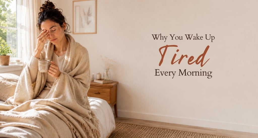 Woman waking up tired in the morning, illustrating common sleep problems and low energy.