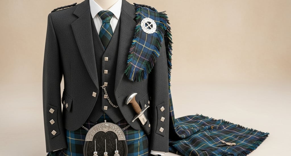 Prince Charlie jackets, Argyle jackets, and waistcoats are tailored from premium wool, adorned with traditional silver button
