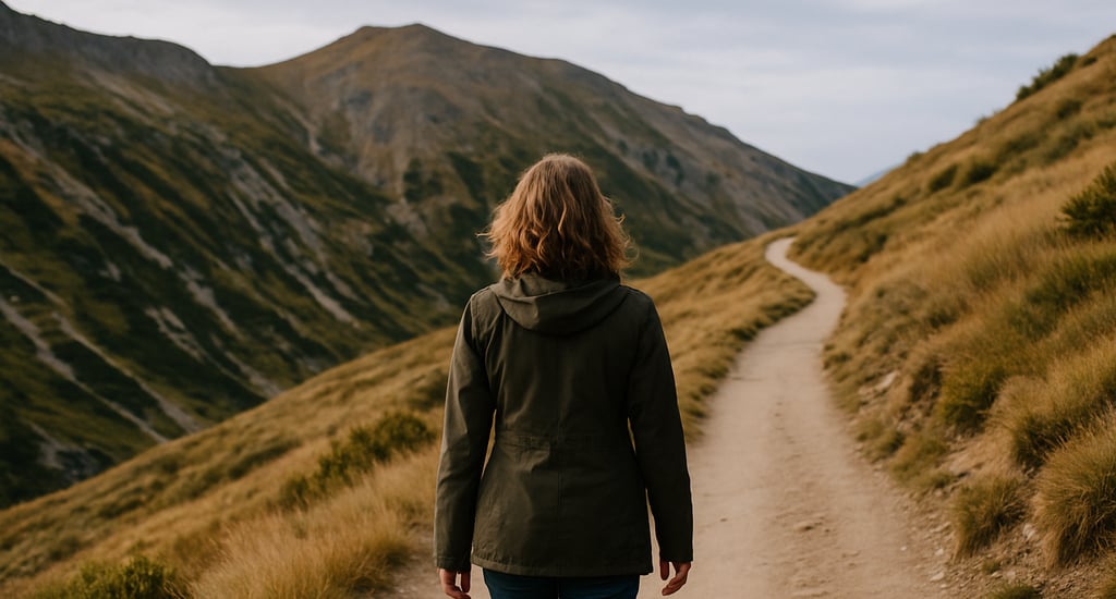 A woman walking along a mountain path symbolising transition, ambiguity, possibility.]