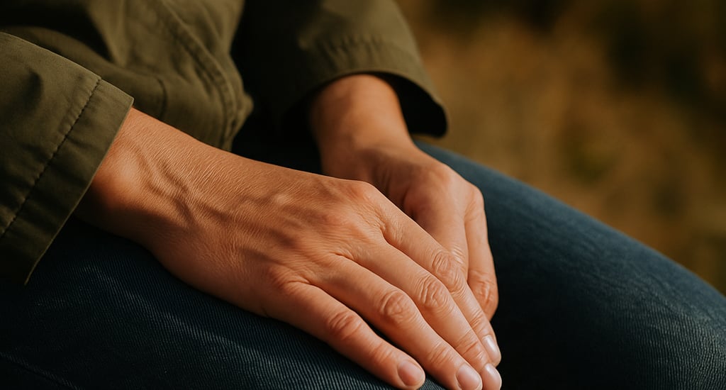 A close-up of hands resting in the lap - sitting still with uncomfortable thoughts.