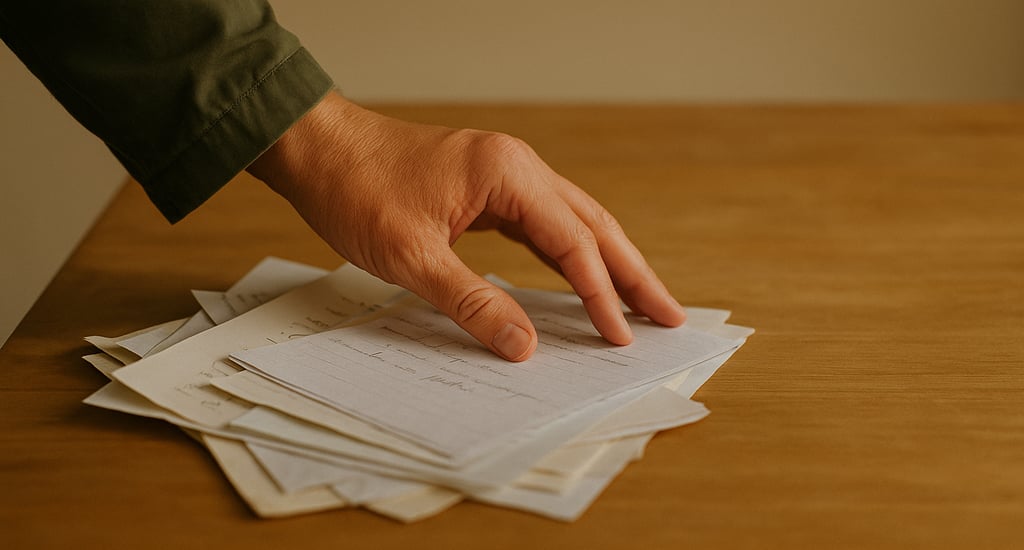 Papers pushed aside on a table, leaving an empty space symbolising clearing room for something new.
