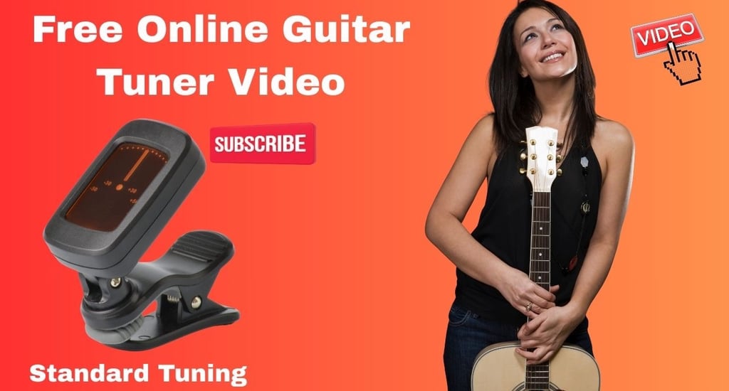 A woman holding an acoustic guitar next to a clip-on online guitar tuner for free online lessons.