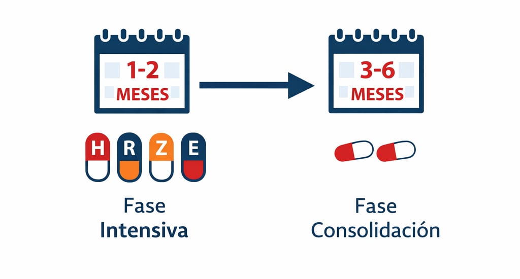 Diagrama de las dos fases del tratamiento de tuberculosis: 2 meses intensivos y 4 meses de consolida