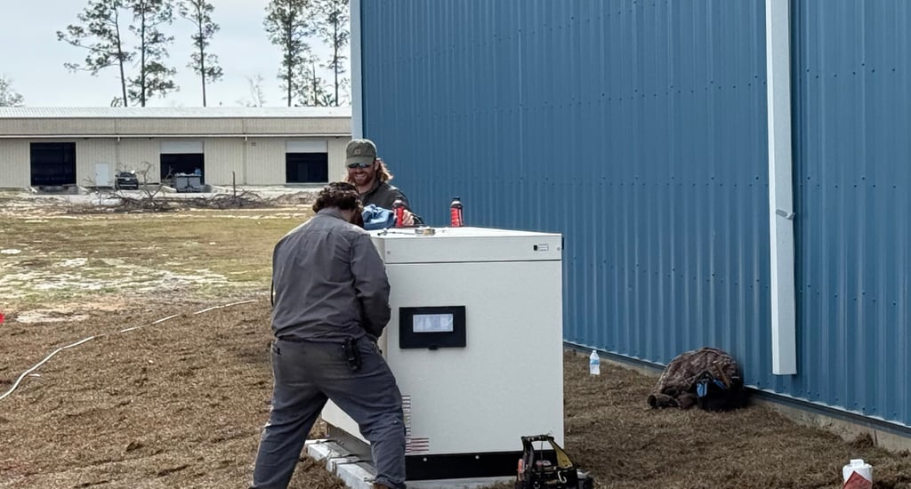 two williams electric, techs installing a commercial standby generac generator next to a commercial building