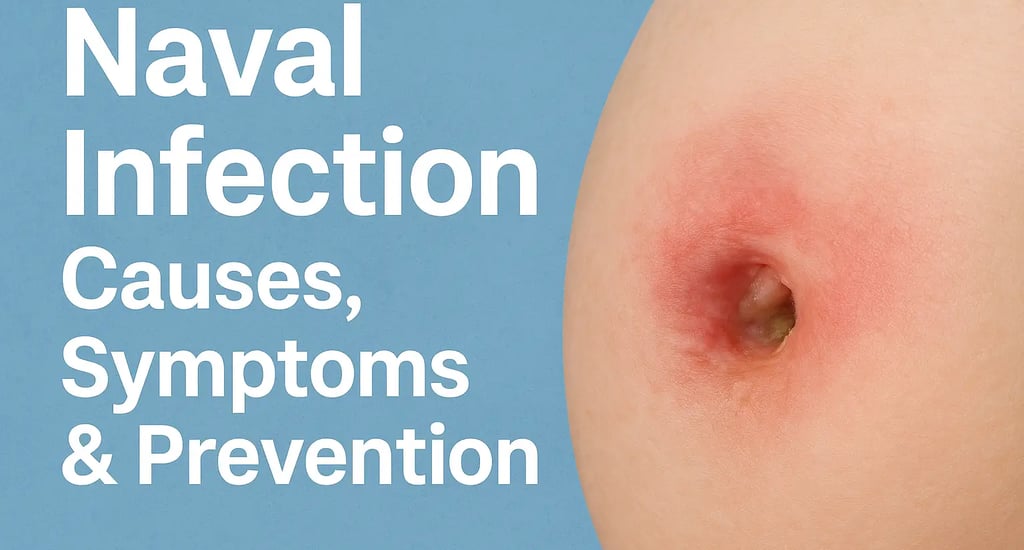 Naval infection showing redness, swelling, and discharge with text overlay