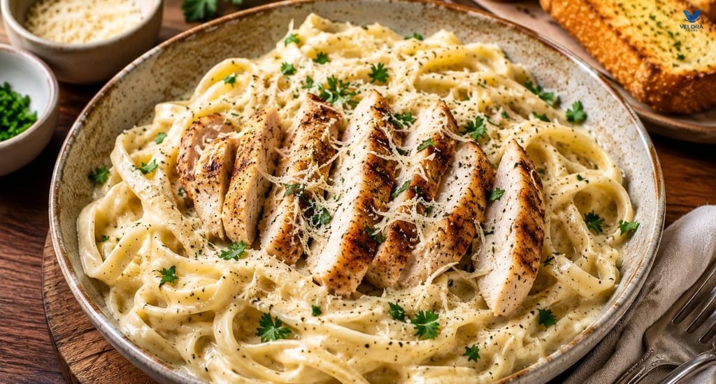 Creamy Chicken Alfredo pasta topped with Parmesan cheese and parsley, served with garlic bread on a