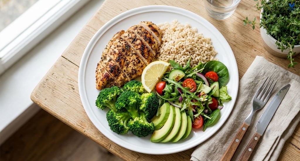 Balanced meal with grilled chicken, brown rice, steamed broccoli, avocado slices, mixed salad