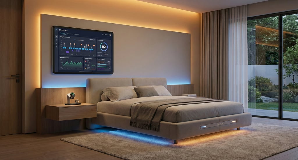 Smart bed with biometric tracking and circadian lighting system in luxury hotel wellness suite