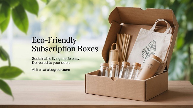 An eco-friendly subscription box filled with sustainable products like bamboo straws, reusable bags,
