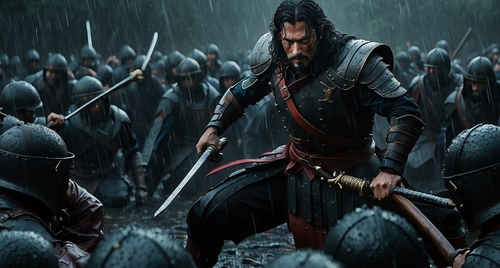 a man in an armour holding sword on a field surrounded by soldiers
