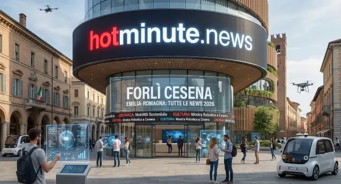 Maxi schermo urbano con notizie in evidenza, simbolo dell’hub informativo di Forlì‑Cesena e dell’Emi