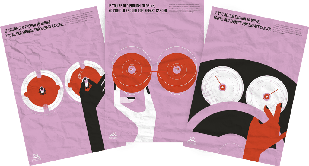 Drie roze posters met illustraties van roken, cocktails en autorijden