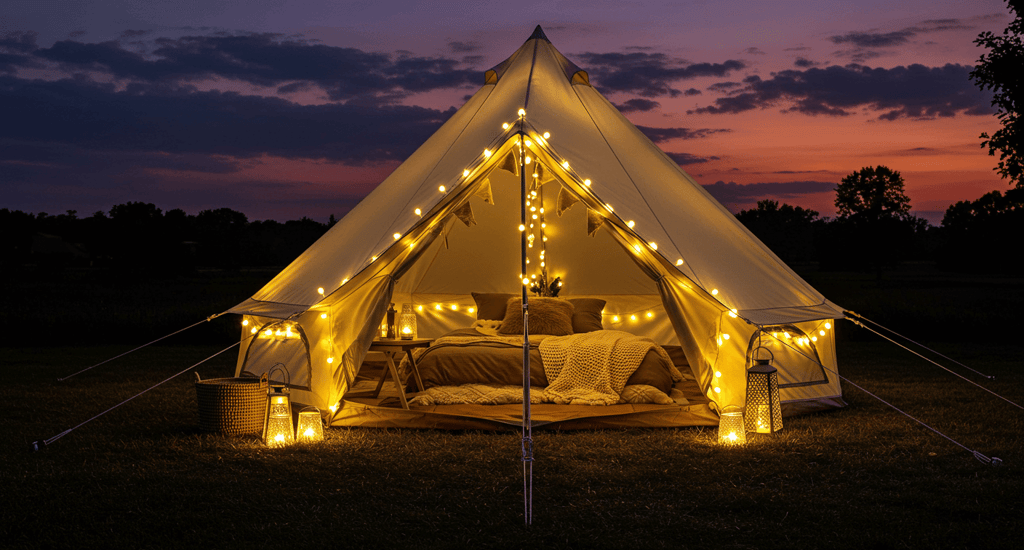Tent with camp lights with air mattress with pillows and blankets and outdoor chair