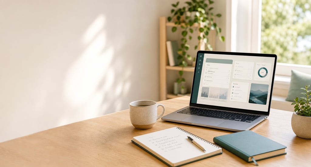 A modern home office setup with a laptop displaying a data dashboard on a wooden desk with coffee and notebooks.