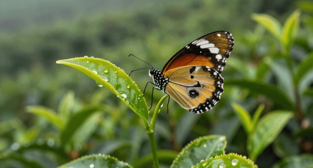 Close-up of vibrant green tea leaves with morning dew, a wild butterfly resting on a branch, soft natural forest background.