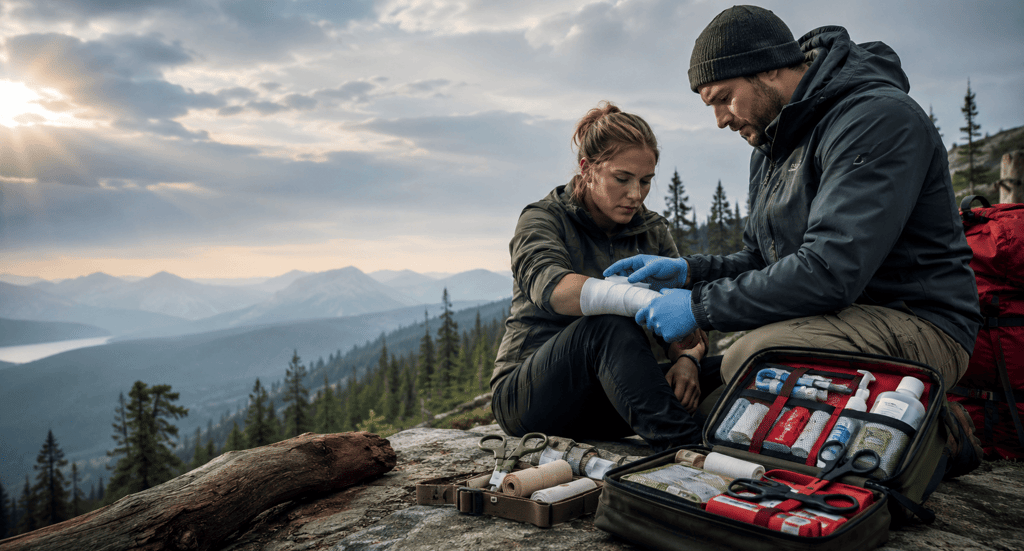 A man uses a mountain hiking first aid kit to bandage a woman's arm on a scenic wilderness overlook.