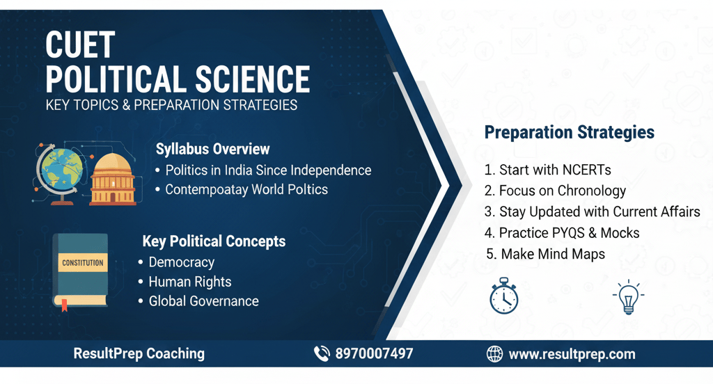 A preparation strategy graphic for the CUET Political Science exam. The image features a blend of gl