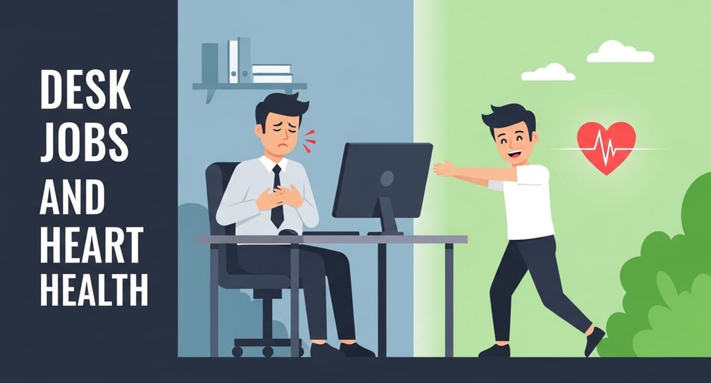 डेस्क जॉब करने वाले व्यक्ति का चित्र – एक तरफ बैठे-बैठे दिल पर बोझ दिखता है और दूसरी तरफ व्यायाम 
