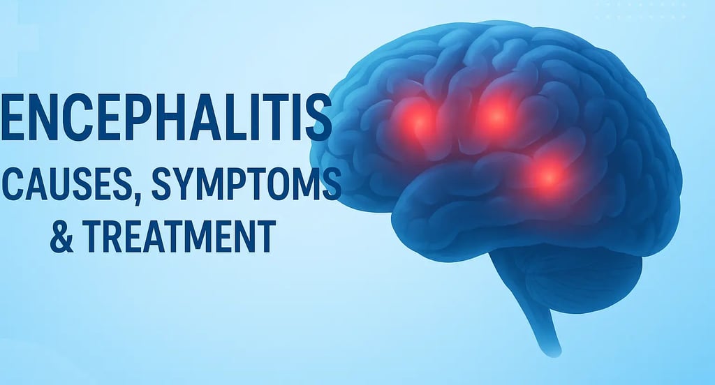 Illustration of human brain with red inflammation spots, representing encephalitis causes & symptom