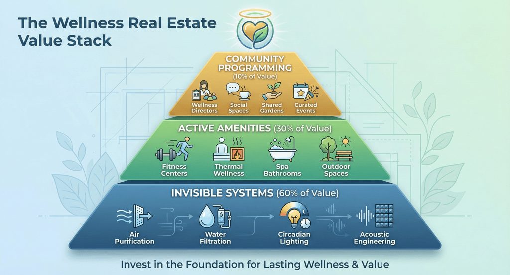 Luxury wellness real estate value pyramid showing invisible systems and tiers