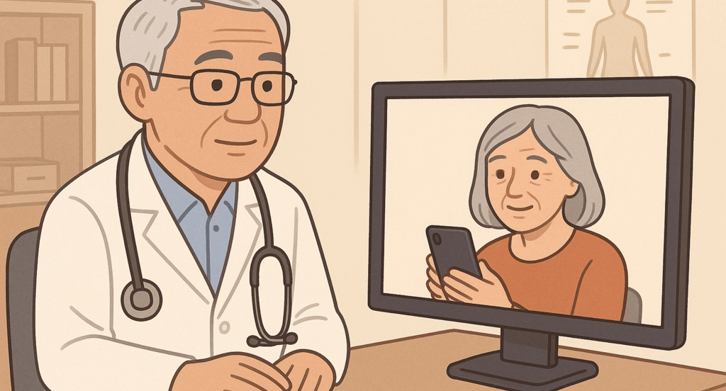 Ilustration of a telemedicine consultation with a Coimbra Protocol doctor and a patient on screen.