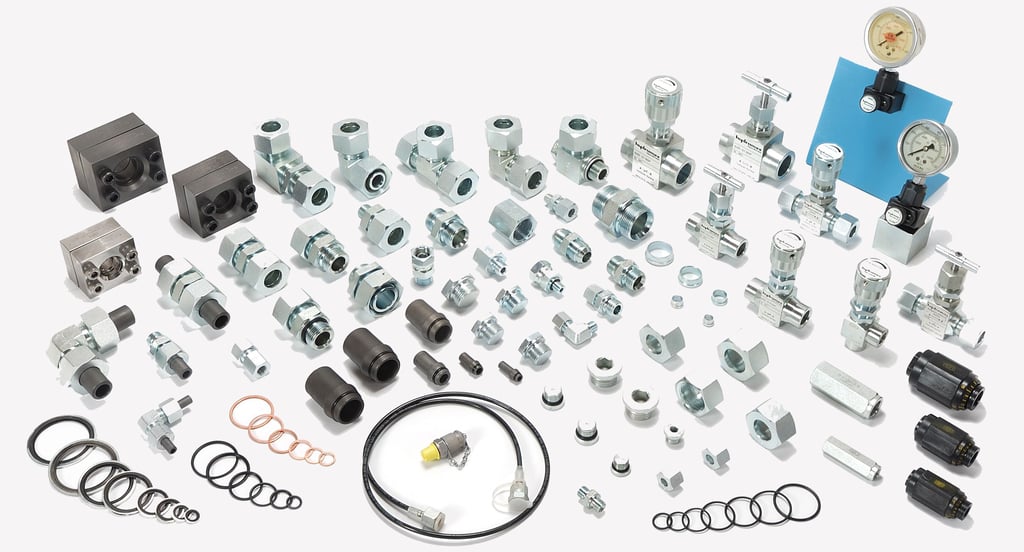 Photograph of hydraulic Ermetto fittings & accessories, versatile components utilized in hydraulics