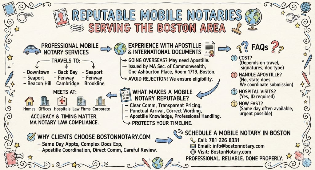 Mobile notary signing documents at client office in downtown Boston