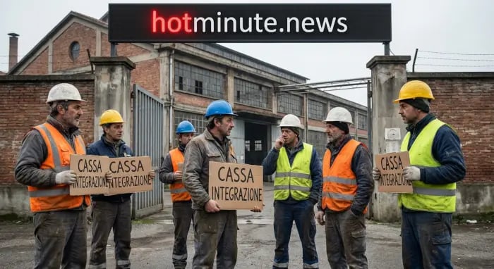 Sei operai con caschi e gilet riflettenti davanti a un edificio industriale, con cartelli che richia