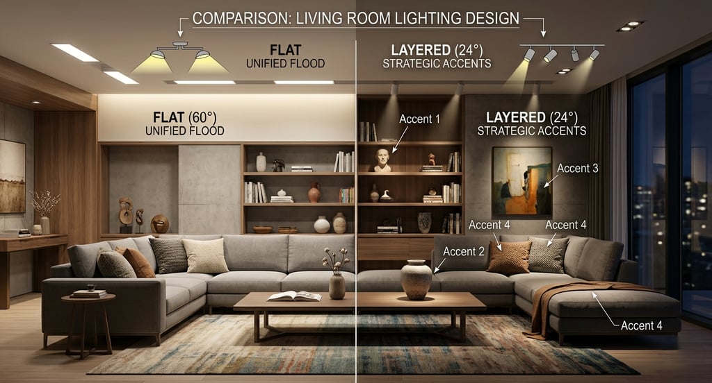 Interior design comparison showing layered 24 degree spotlighting vs flat 60 degree flood lighting.