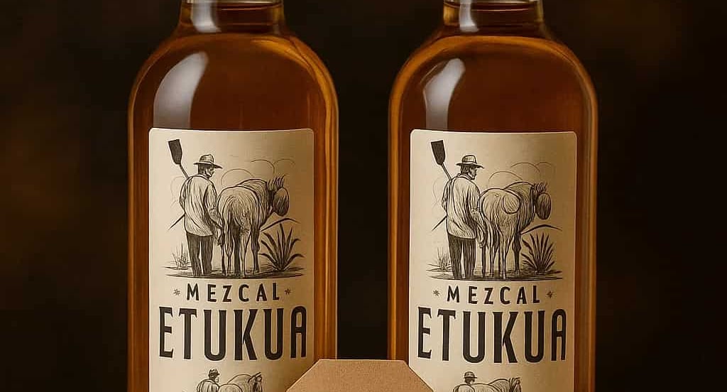 Dos botellas elegantes de mezcal artesanal Etukua side by side, con una etiqueta que dice "2x1" sobr