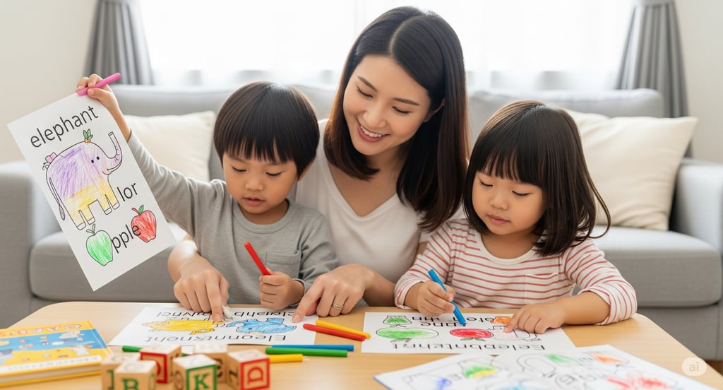 seorang ibu yang sedang mengajar 2 orang anak mewarnai dan belajar berbahasa inggris