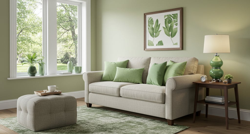 Living room styled with sage green accents for a calming look