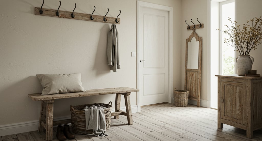 Rustic farmhouse bench in an entryway