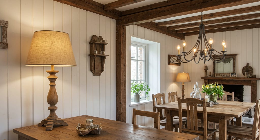Dinning room decorated with rustic farmhouse lighting