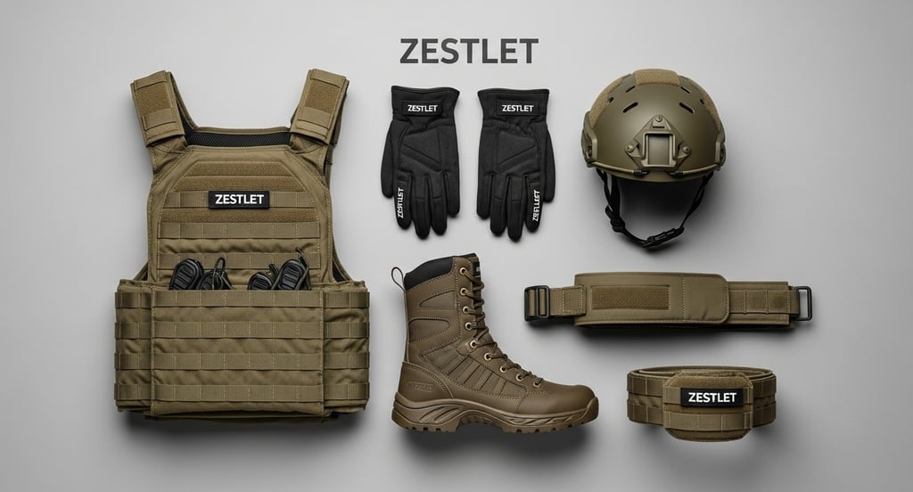 combat uniforms, plate carriers, modular pouches, tactical boots, gloves, helmets, and hydration systems.