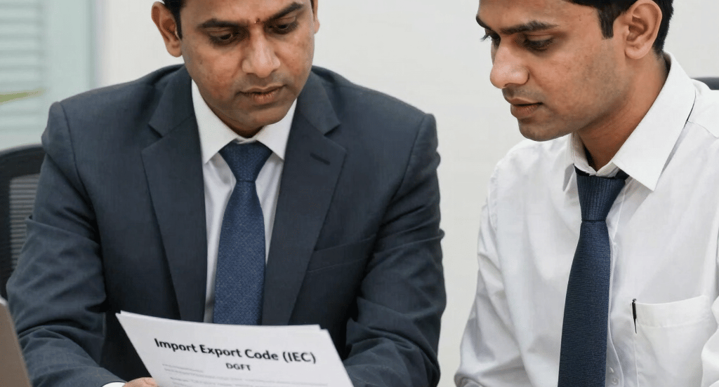 Two business professionals reviewing an Import Export Code (IEC) document for DGFT compliance.