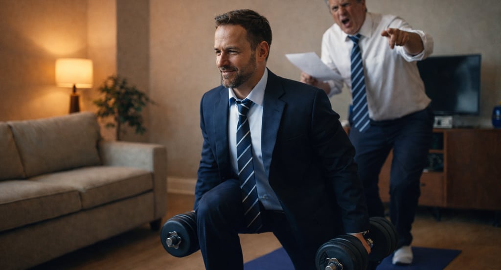 Man training at home after work while his boss shouts in the background