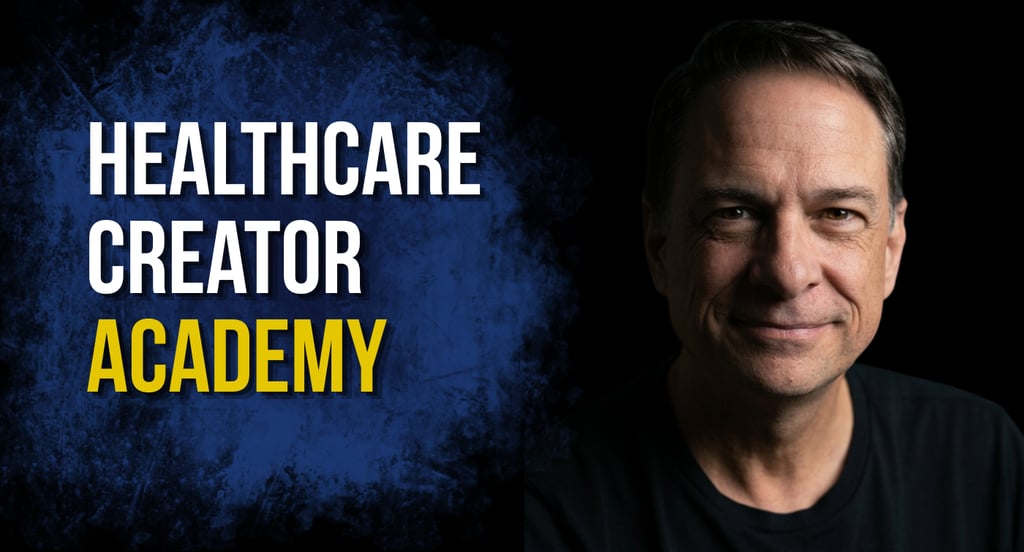Portrait of a man next to Healthcare Creator Academy text on a blue background.