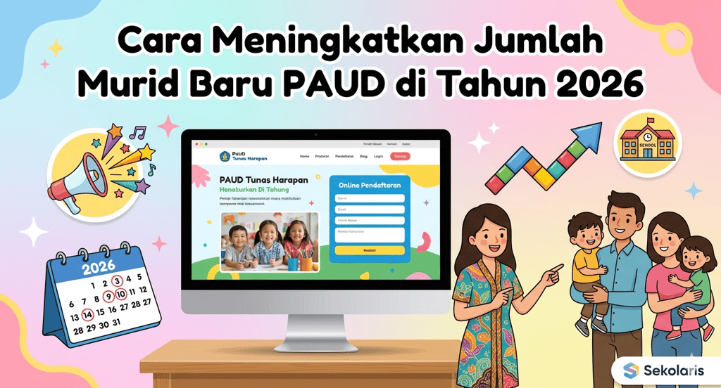 Infografis cara meningkatkan jumlah murid baru PAUD 2026 melalui sistem pendaftaran online sekolah.