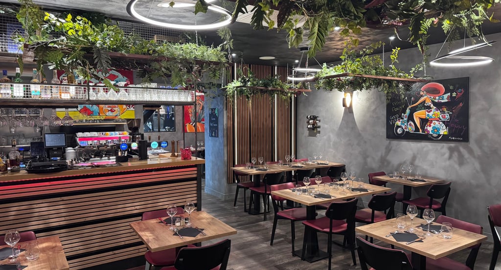 a restaurant with a bar and tables
